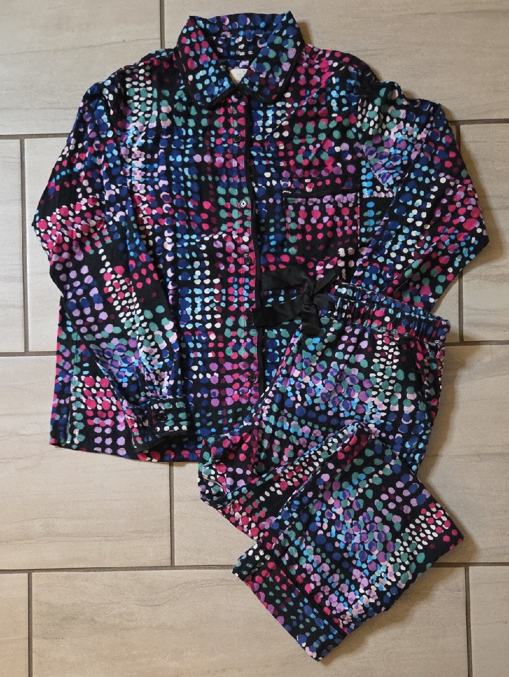kate spade Flannel Pajama Set with Pink, Blue, Teal & Purple Dots Size Sm NWOT